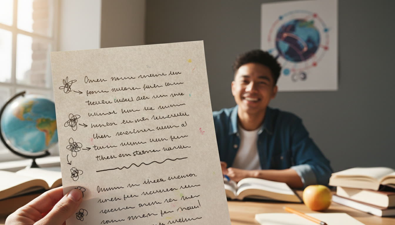 Photo Idea : close-up of annotated paragraph showing underlined thesis statement and margin notes