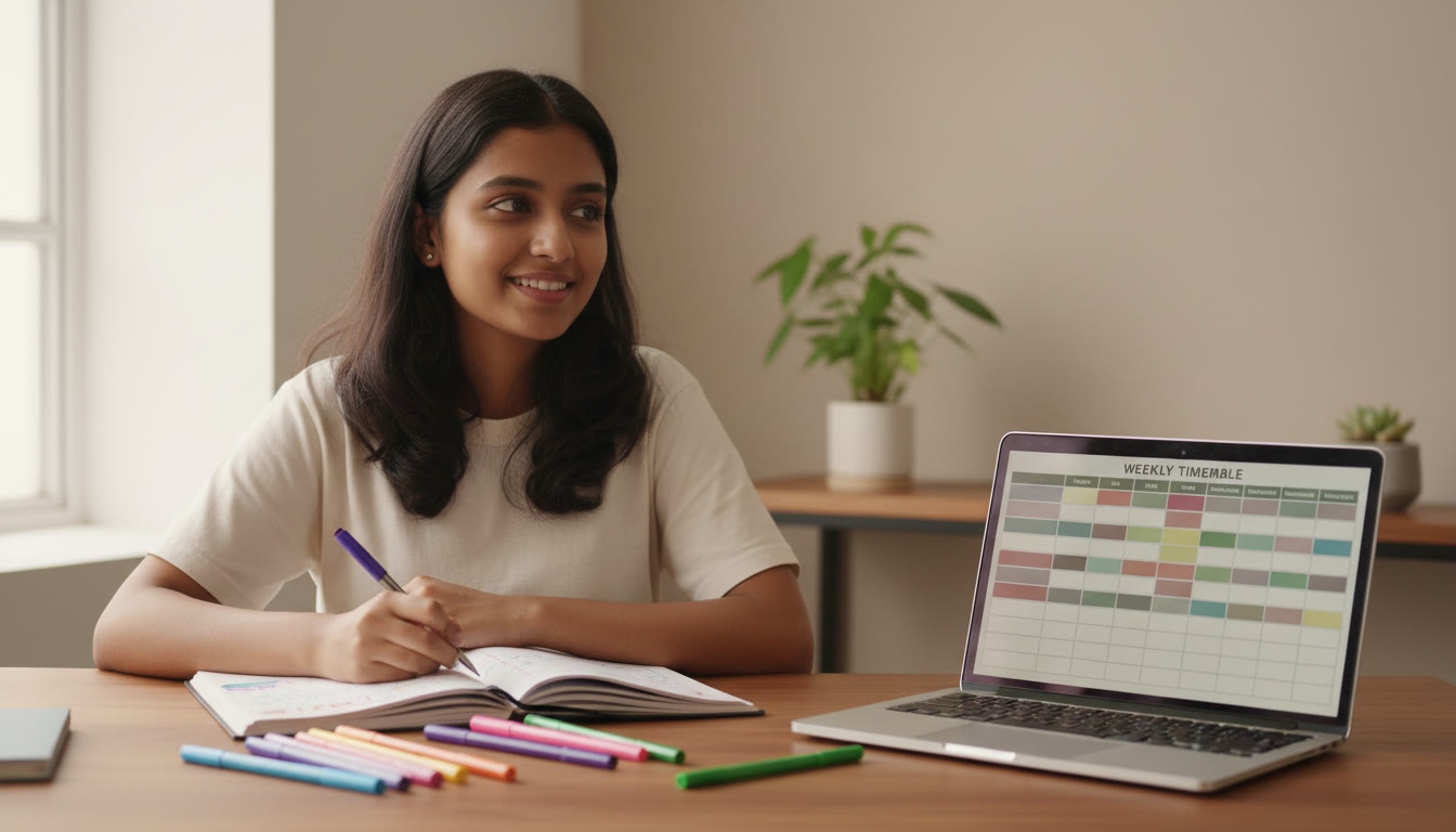 Photo Idea : A focused student at a tidy desk, notebook open, colored pens, and a simple weekly timetable on a laptop screen.