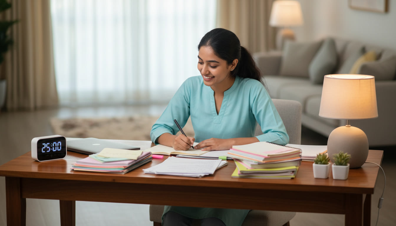 Photo Idea : Student studying with neatly organized notes, a timer and a tidy desk