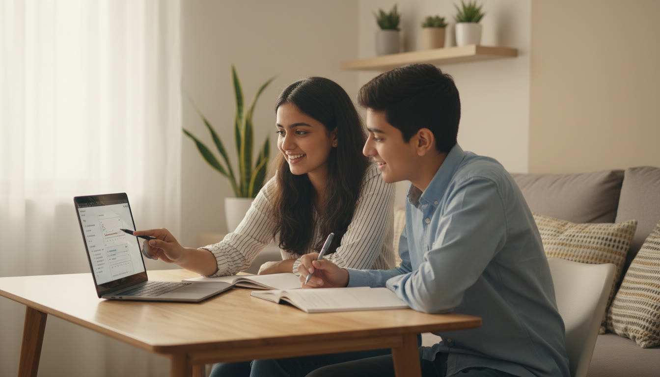Photo Idea : A tutor and student in a study session reviewing a timed mock paper on a laptop