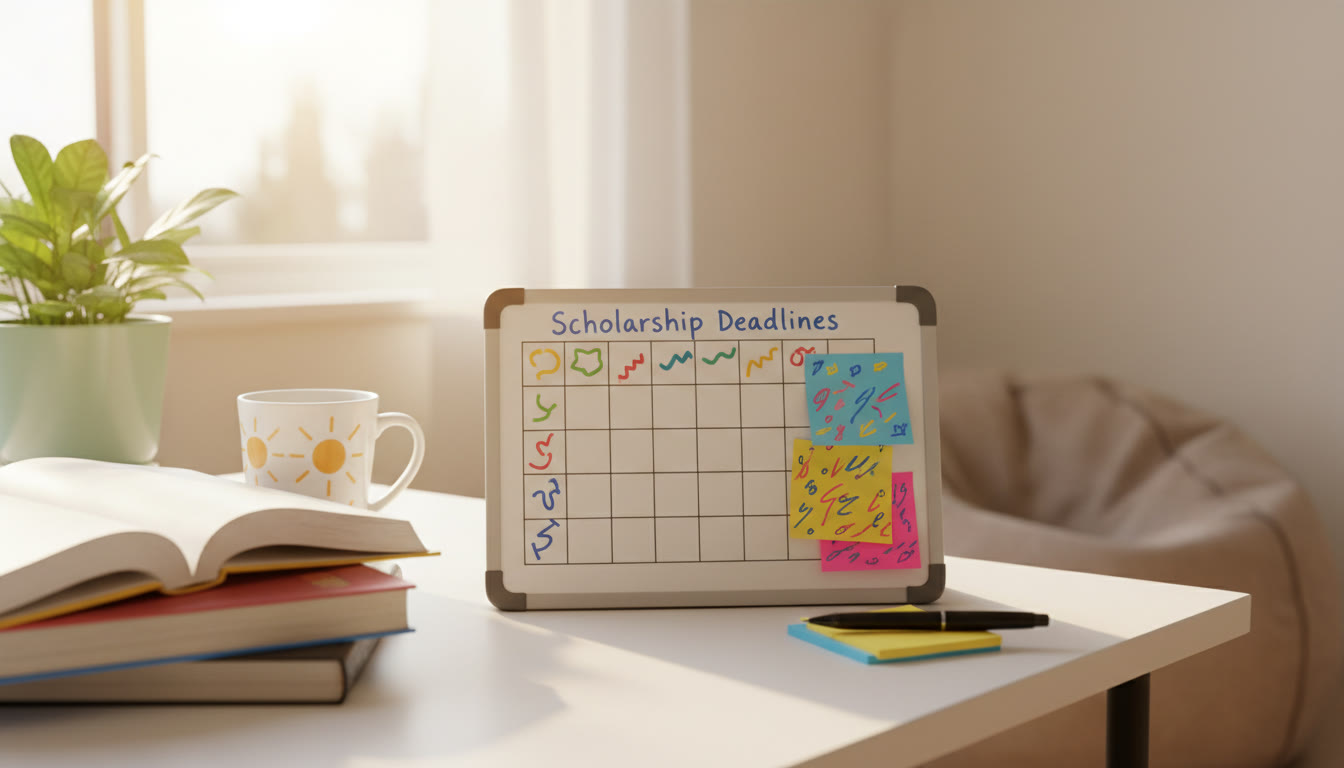 Photo Idea : a small whiteboard showing a scholarship calendar, sticky notes for essay drafts, and a pen nearby