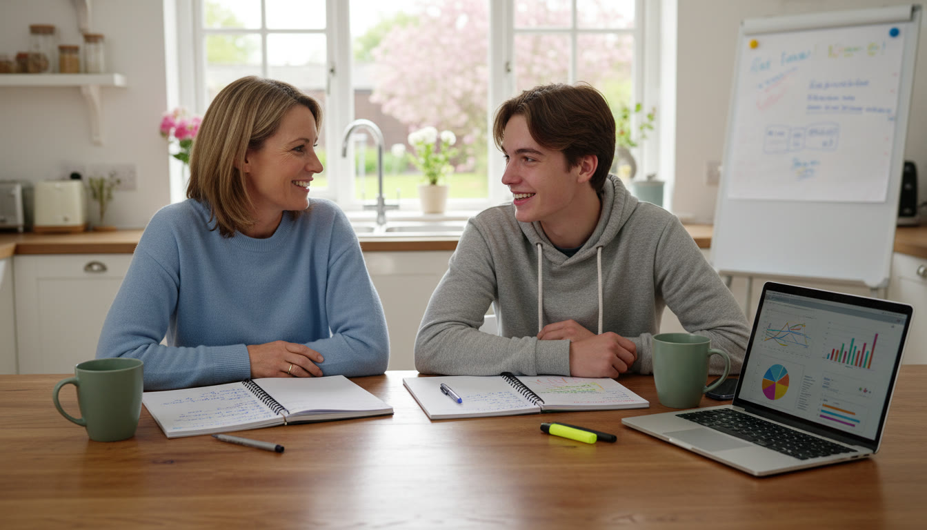 Photo Idea : A parent and teenager sitting at a kitchen table with open notebooks and a laptop, talking calmly