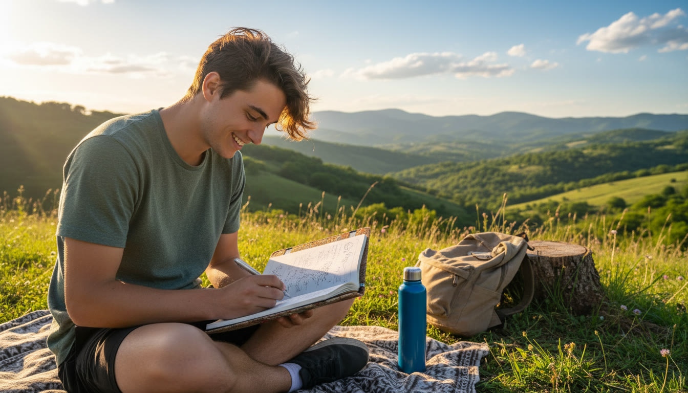 Photo Idea : Student journaling outdoors with CAS notebook and a reusable water bottle nearby