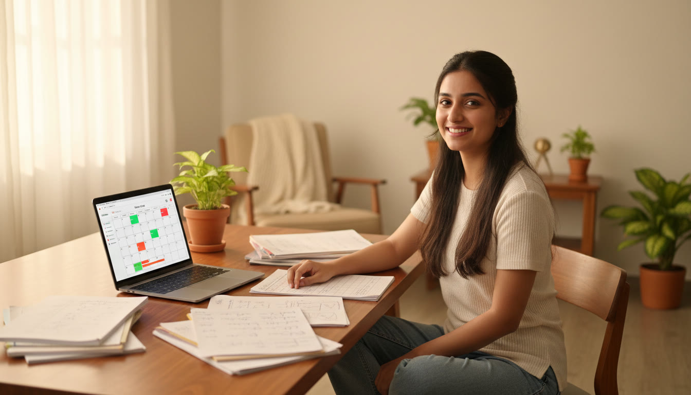 Photo Idea : Student at a desk spreading ICSE notes, NEET/JEE practice papers, and a laptop showing a study plan