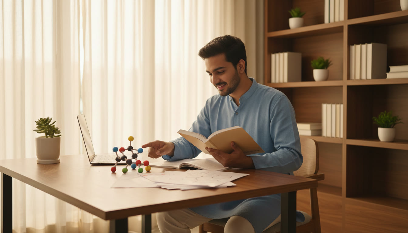 Photo Idea : Focused student studying from a chemistry textbook with molecular models and printed notes on a tidy desk