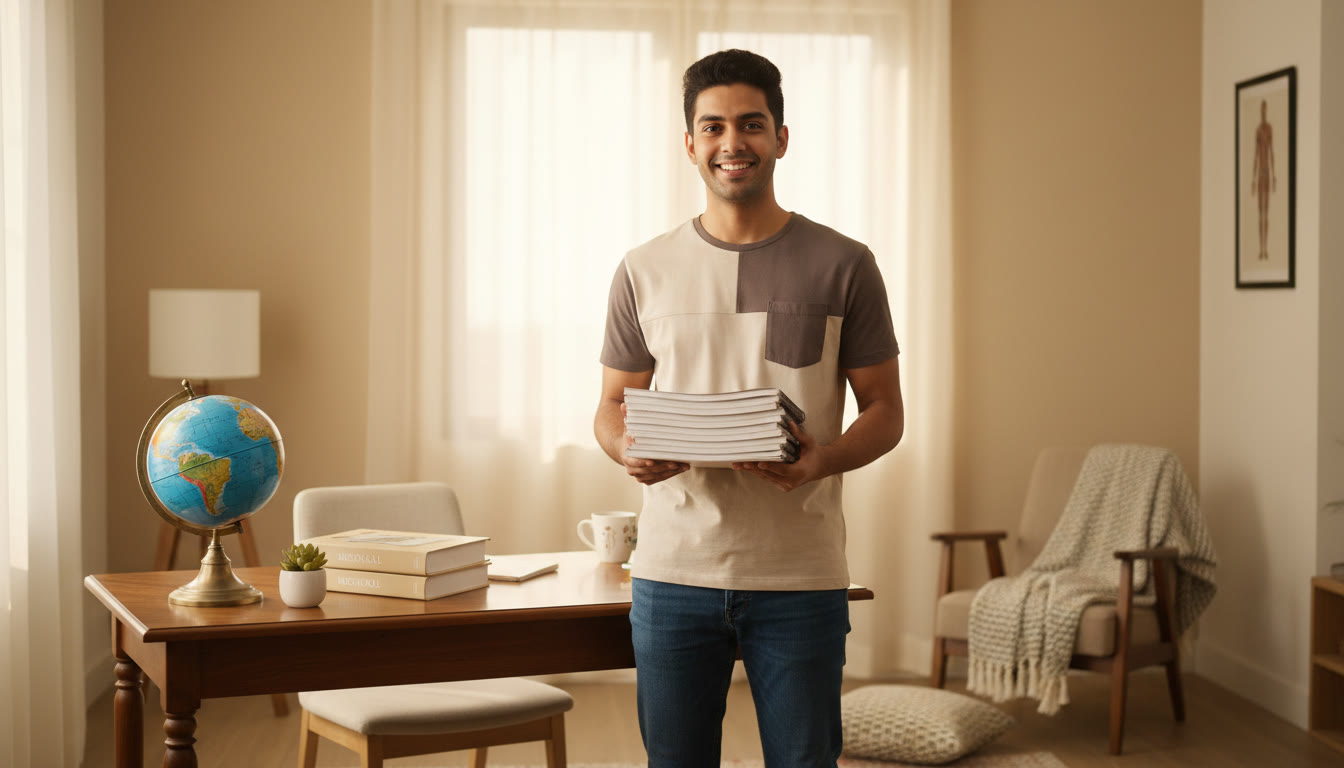 Photo Idea : A confident student holding NEET notes with a globe and medical textbooks behind