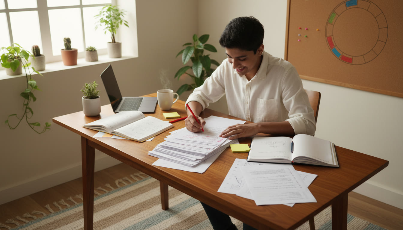Photo Idea : A student marking a mock test with a red pen, surrounded by annotated notes and a progress tracker.