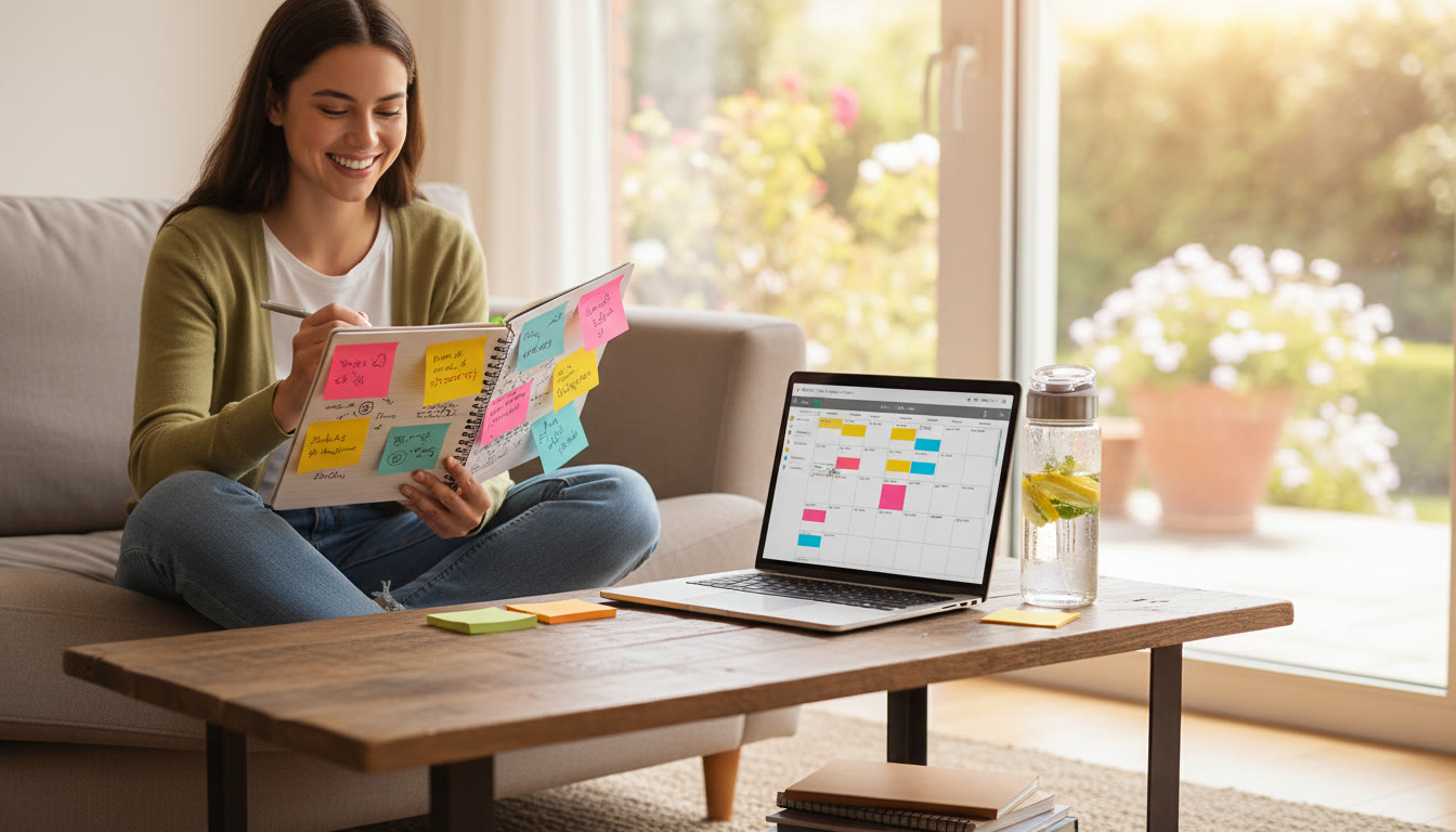 Photo Idea : A student journaling with colorful sticky notes, a laptop open to a digital planner, and a water bottle nearby