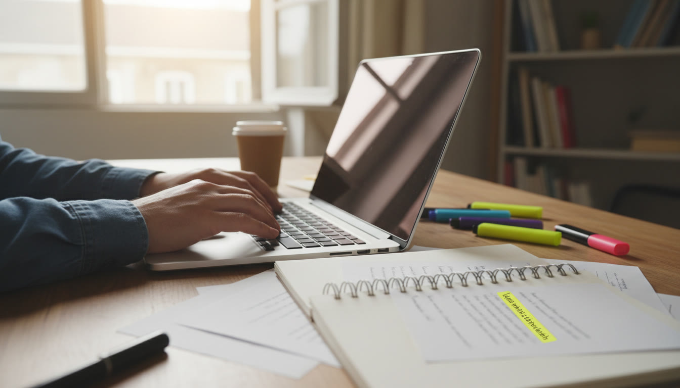 Photo Idea : A close-up of hands typing on a laptop keyboard with a printed draft and a highlighted paragraph beside it