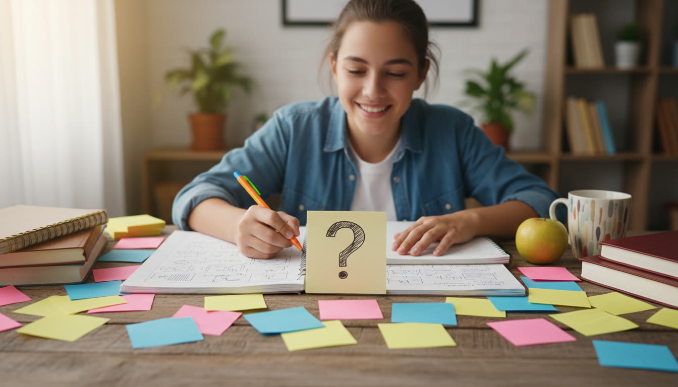 Photo Idea : A student at a desk surrounded by notebooks and colored sticky notes with the phrase "How do we know?" written on a card