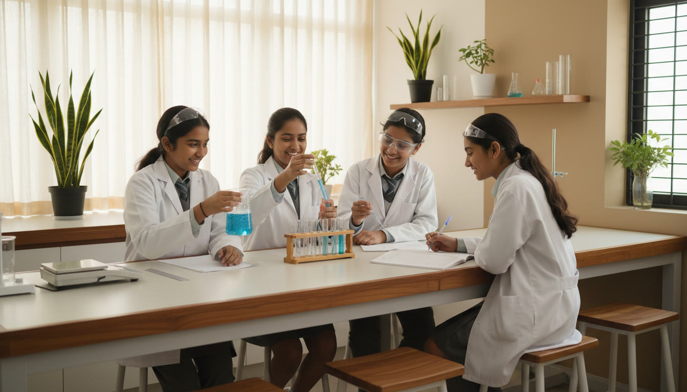 Photo Idea : Students in a science lab conducting a group experiment with notebooks and measurement tools