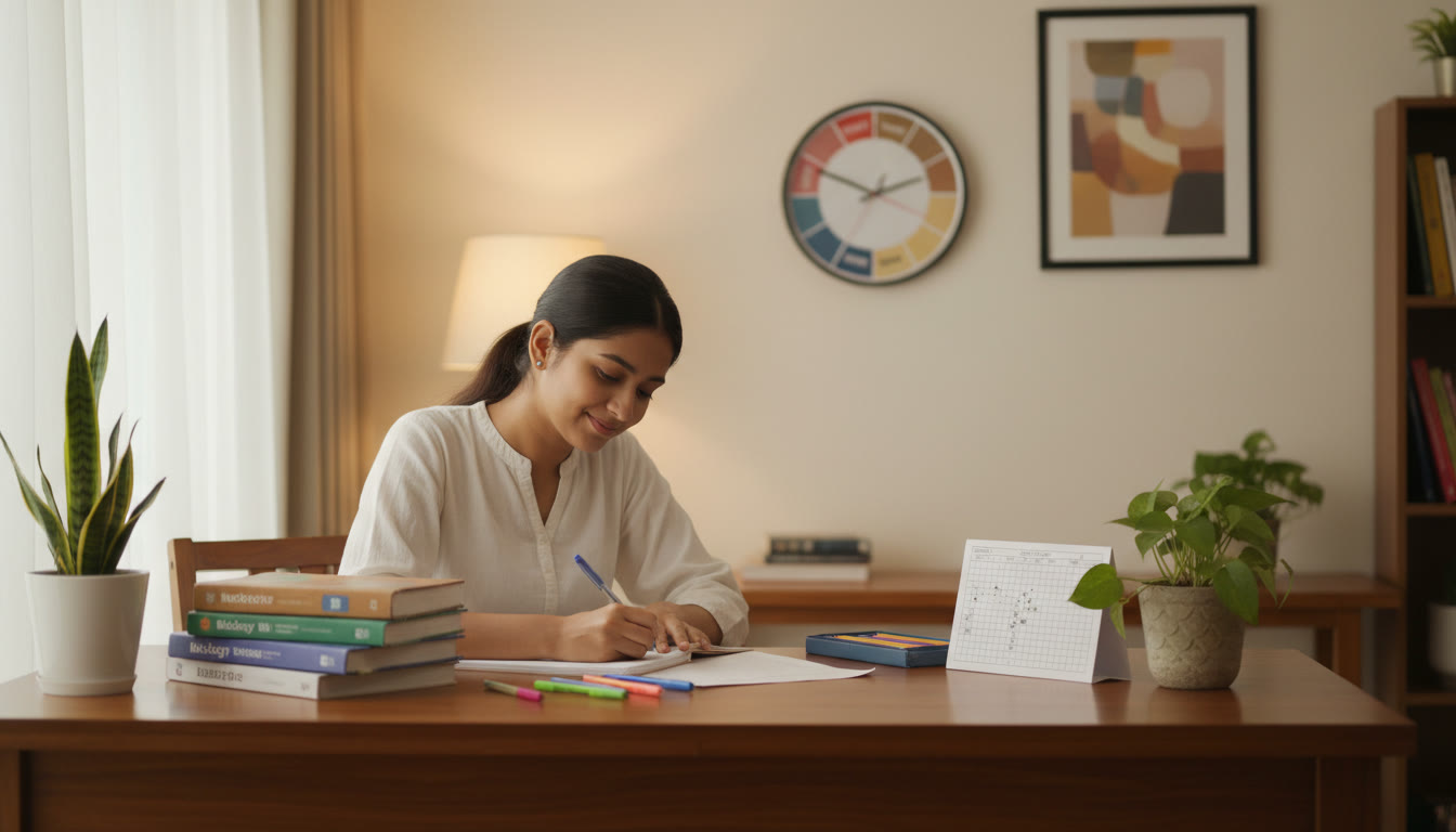 Photo Idea : A focused student at a desk with study materials, clock showing scheduled study blocks, and a mock OMR sheet nearby