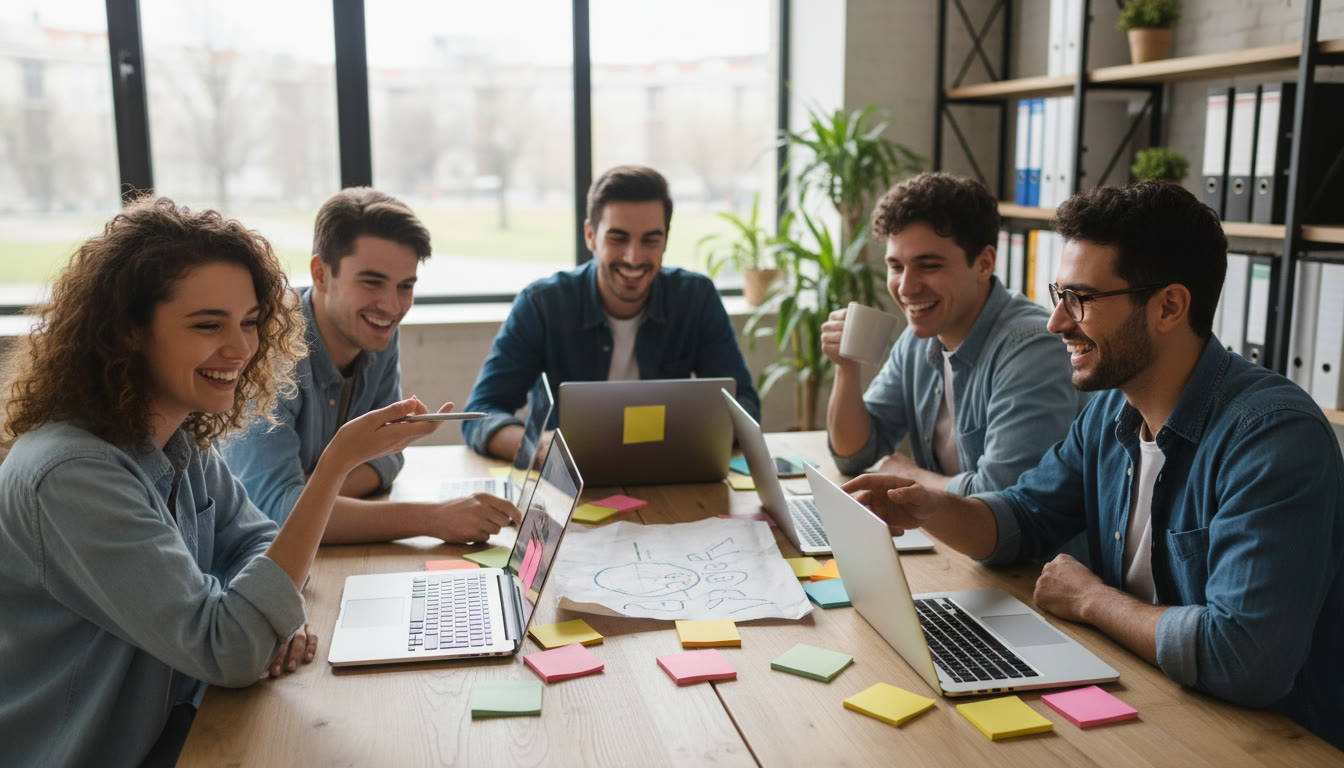 Photo Idea : Student team gathered around a table, laptops open, sticky notes and a hand-drawn budget on paper