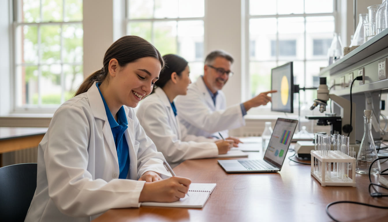 Photo Idea : Student at a lab bench taking notes during a supervised research internship