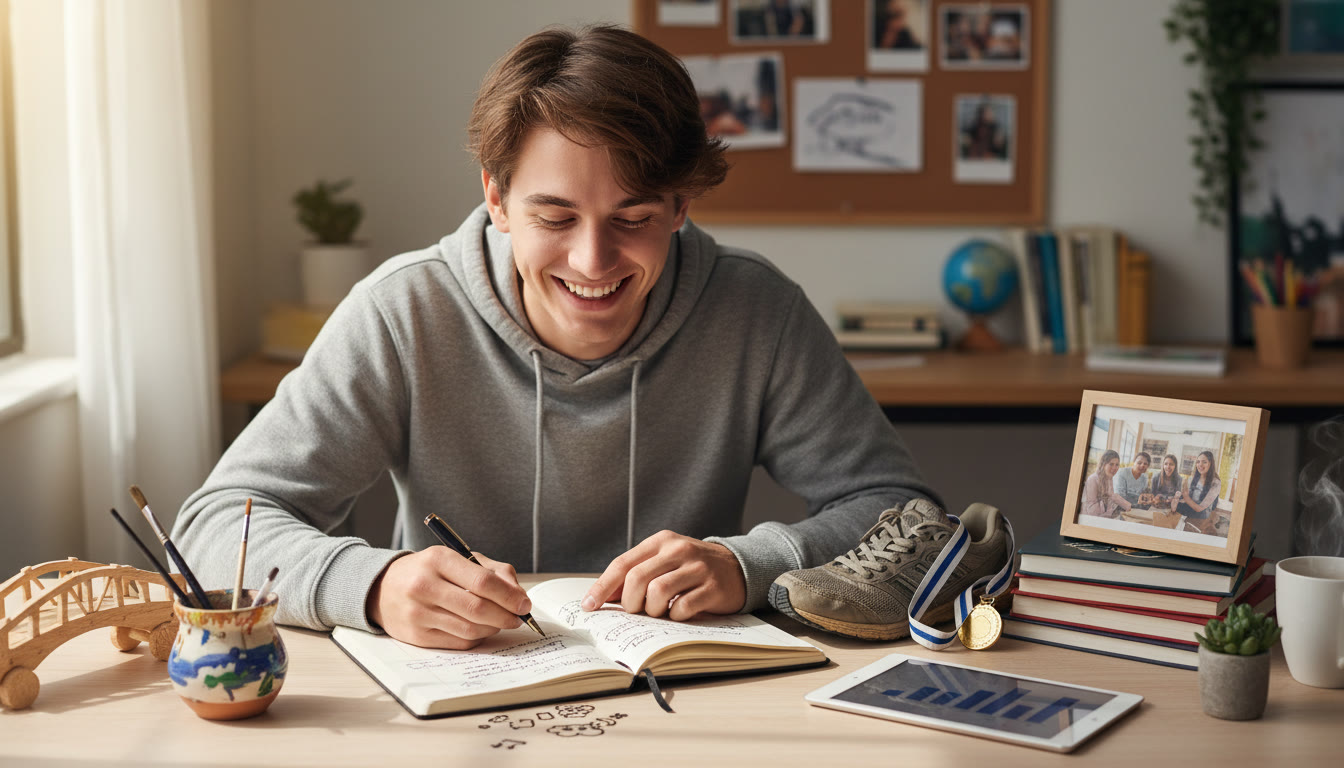 Photo Idea : Close-up of an IB student writing a reflective CAS journal entry with evidence artifacts on a desk