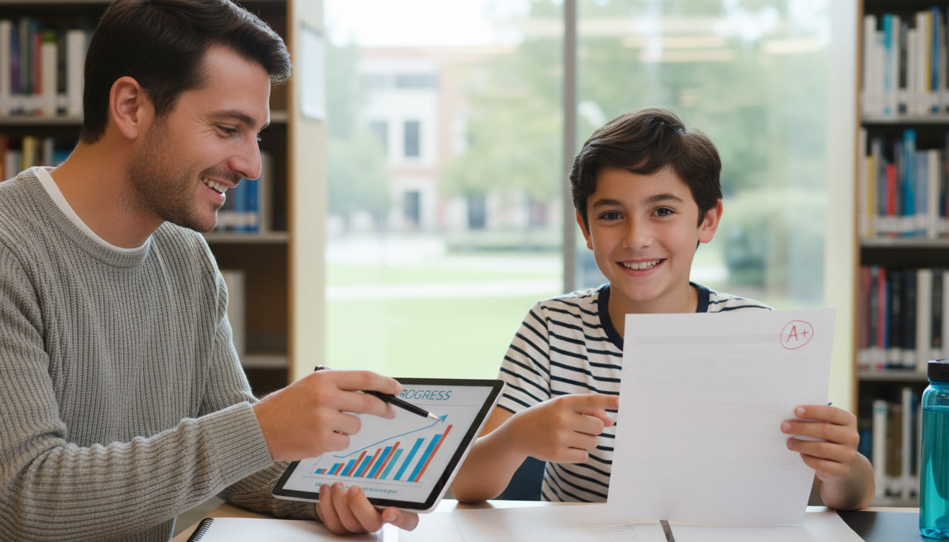 Photo Idea : A student tutor reviewing a short progress chart with a tutee who is smiling and pointing at their improved test paper