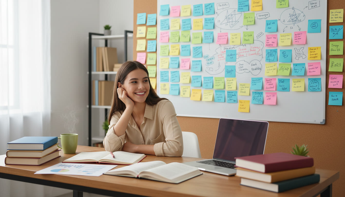 Photo Idea : student at desk surrounded by sticky notes and IB textbooks, looking thoughtful