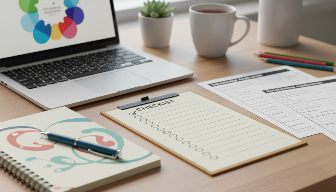Photo Idea : Close-up of an application checklist on a desk with an open laptop, IB notebook, and scholarship forms