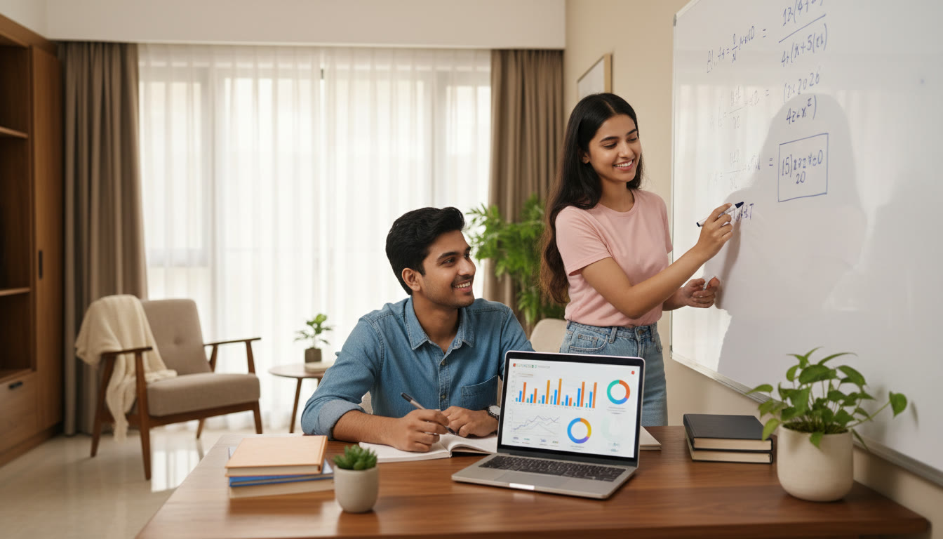 Photo Idea : A tutor and student reviewing solutions on a whiteboard with an AI dashboard on a laptop