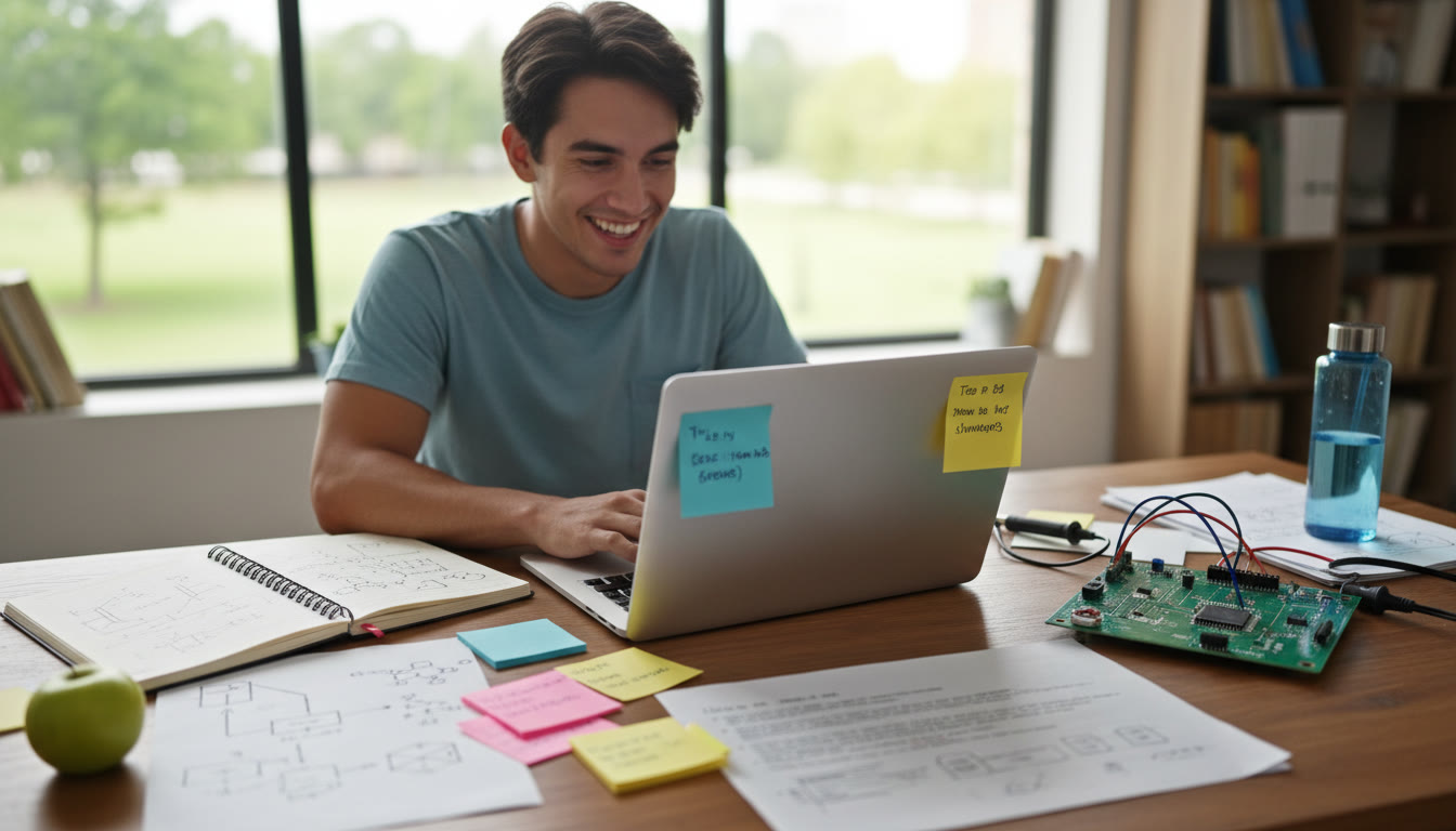 Photo Idea : A student coding at a laptop surrounded by notes, a circuit board, and an open notebook with diagrams