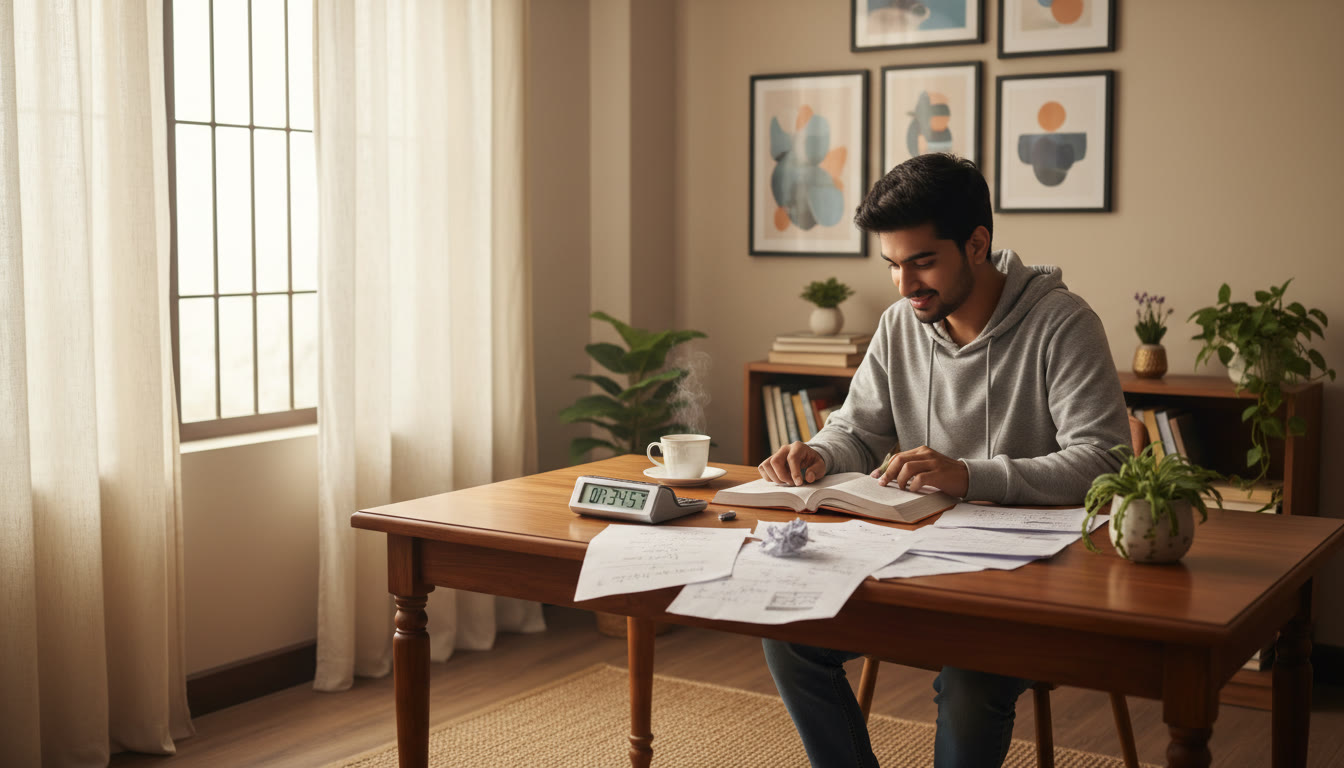 Photo Idea : A focused student at a desk with a stopwatch, calculator, and scattered question papers