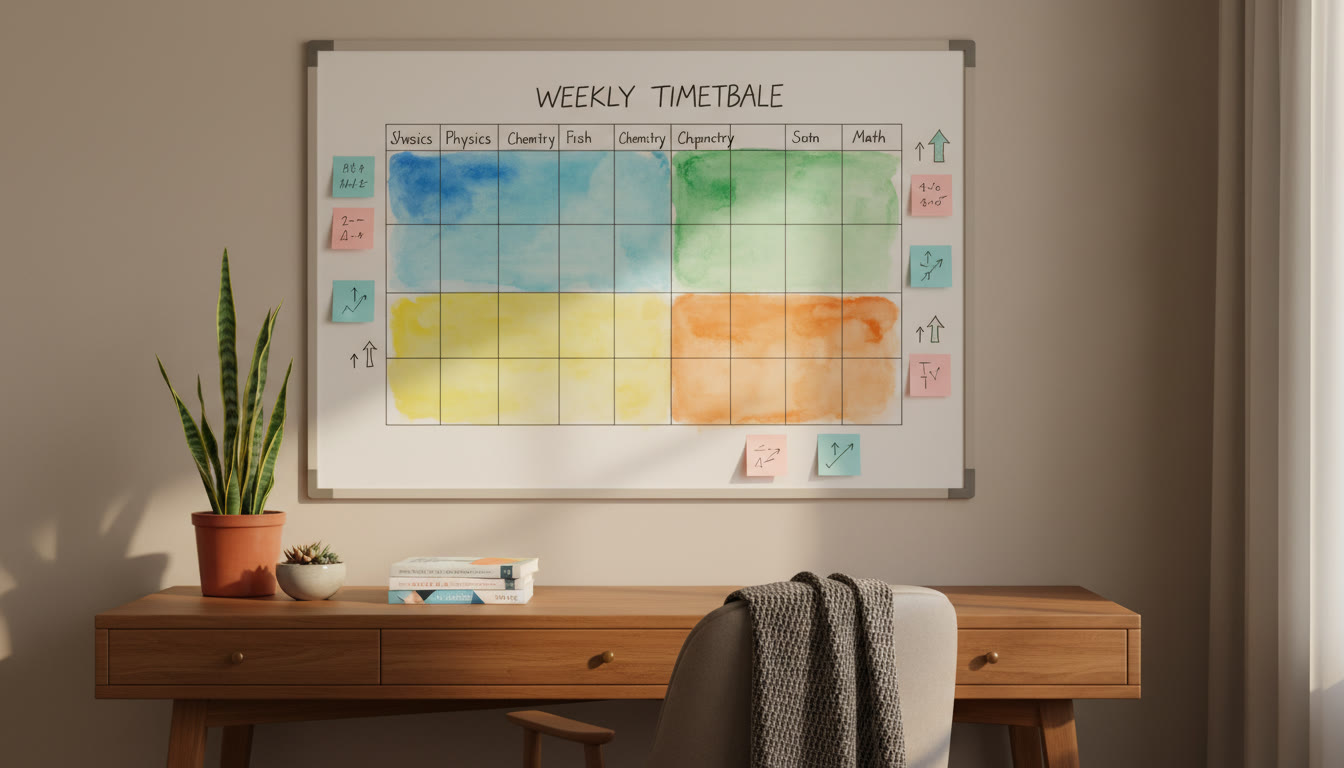 Photo Idea : A study wall with a color-coded weekly timetable, sticky notes showing problem priorities, and a small pile of carefully selected books.