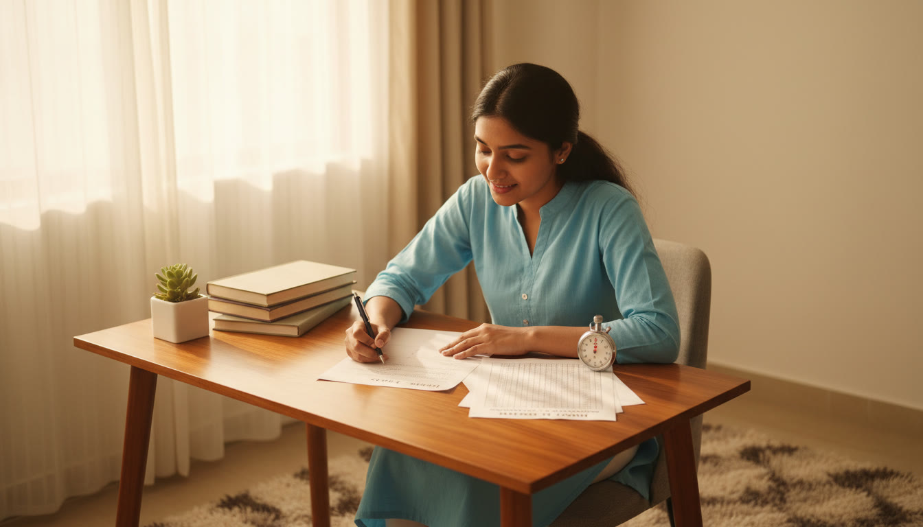 Photo Idea : A focused student at a study table doing a timed mock test with a stopwatch and answer sheet nearby