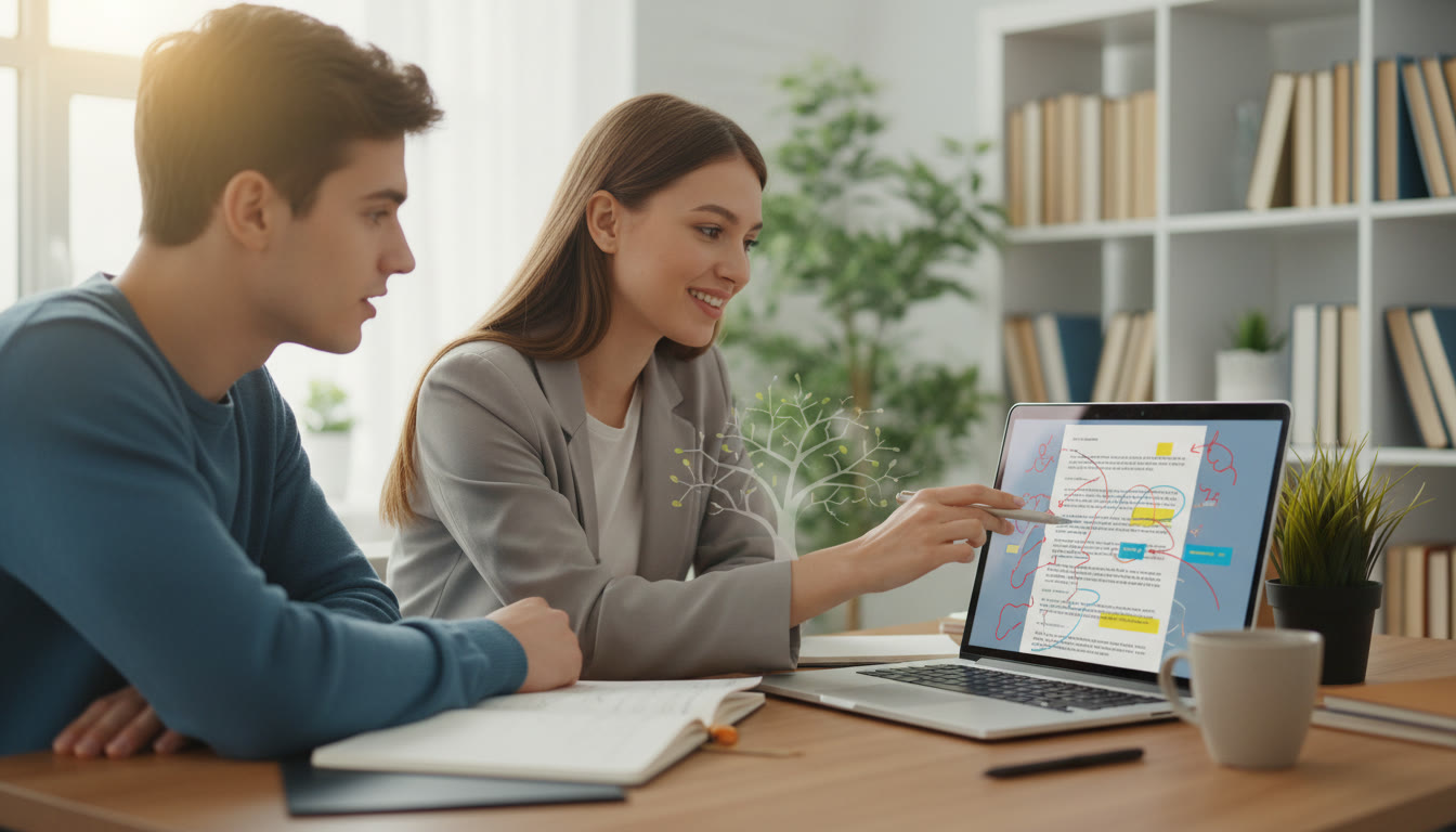 Photo Idea : A laptop screen showing an annotated IB essay draft while a tutor points at the screen