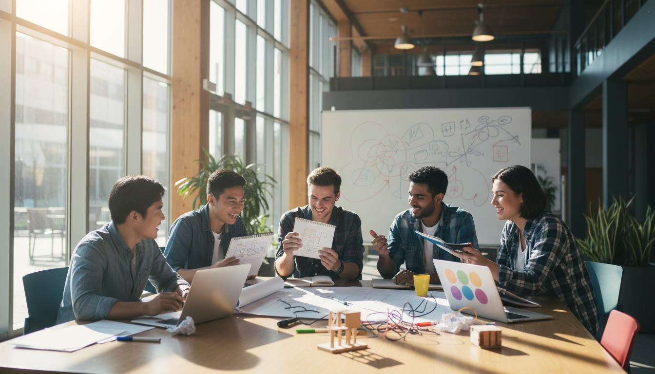 Photo Idea : Diverse IB students brainstorming in a brightly lit common space with notebooks, laptops, and project materials