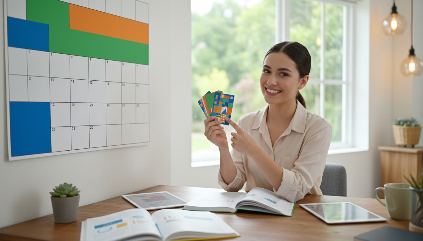 Photo Idea : student at a tidy desk using flashcards and a calendar with color-coded blocks