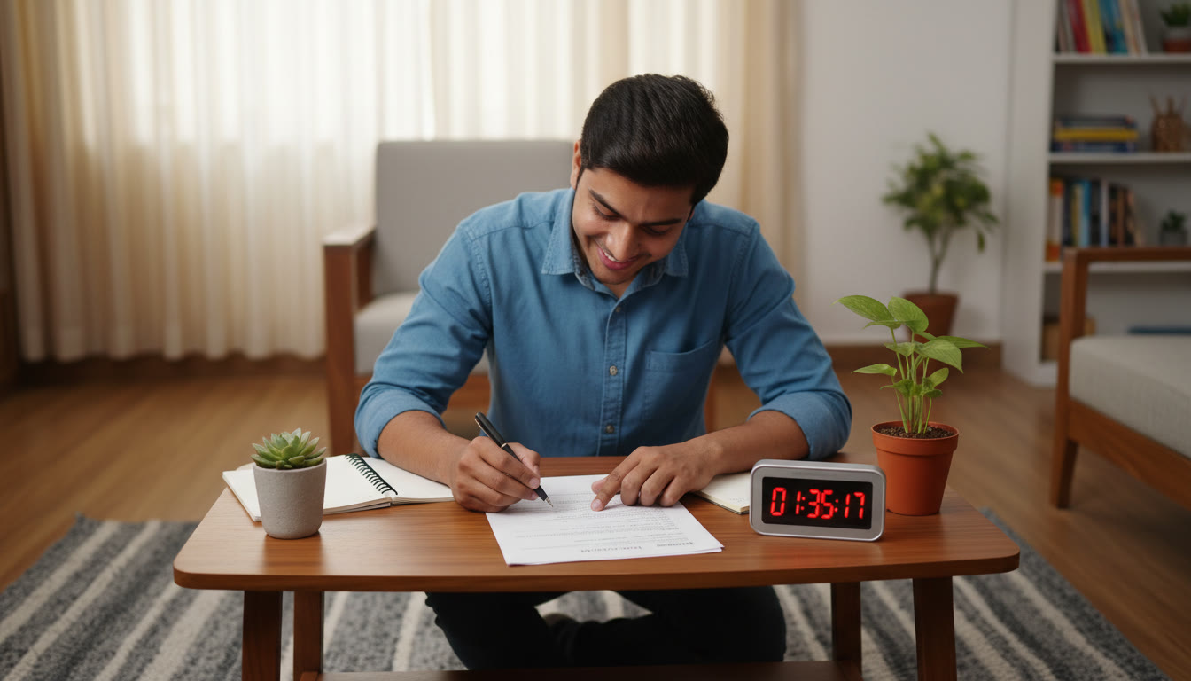 Photo Idea : Student analyzing a printed mock test paper with a pen, a stopwatch, and a notebook on a study table