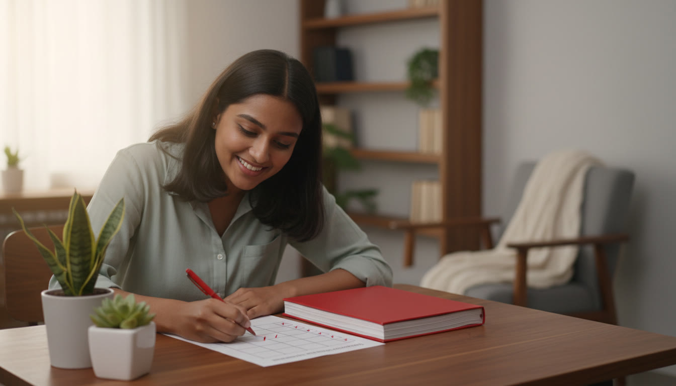 Photo Idea : A student correcting a timed mock on a table with a red pen and a checklist of marking points