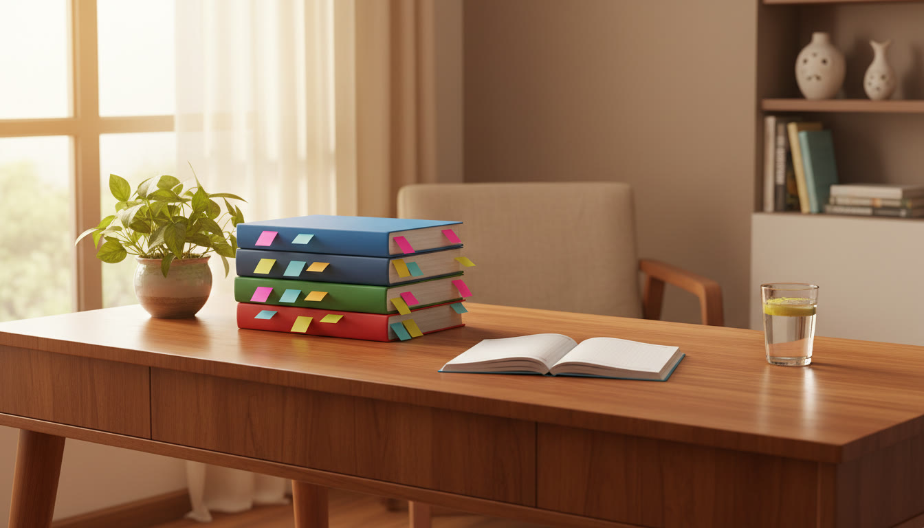 Photo Idea : A neat revision corner showing a small tracker notebook, a stack of board-prescribed textbooks, and coloured sticky tabs marking chapters
