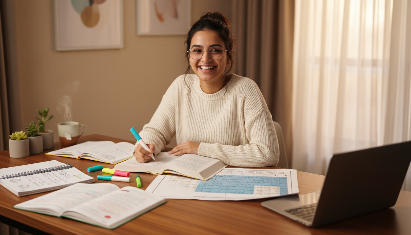 Photo Idea : Student with textbooks, colorful notes, and a periodic table spread on a desk