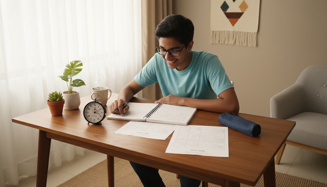 Photo Idea : Student at a tidy desk with a timer, notebook, and a mock test paper