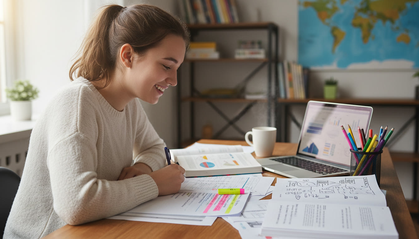 Photo Idea : A focused student at a tidy desk, surrounded by annotated TOK notes and a partly highlighted essay draft