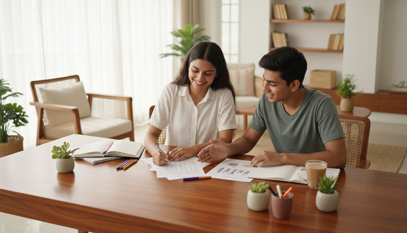 Photo Idea : A tutor and student reviewing a checklist and mock test results at a desk