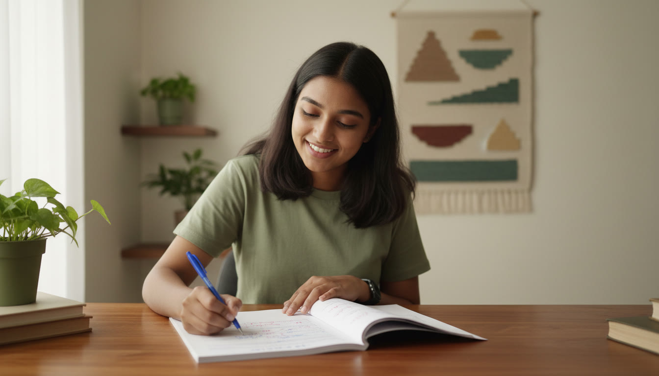 Photo Idea : Student reviewing a scored mock paper with a pen, highlighting mistakes and making concise notes