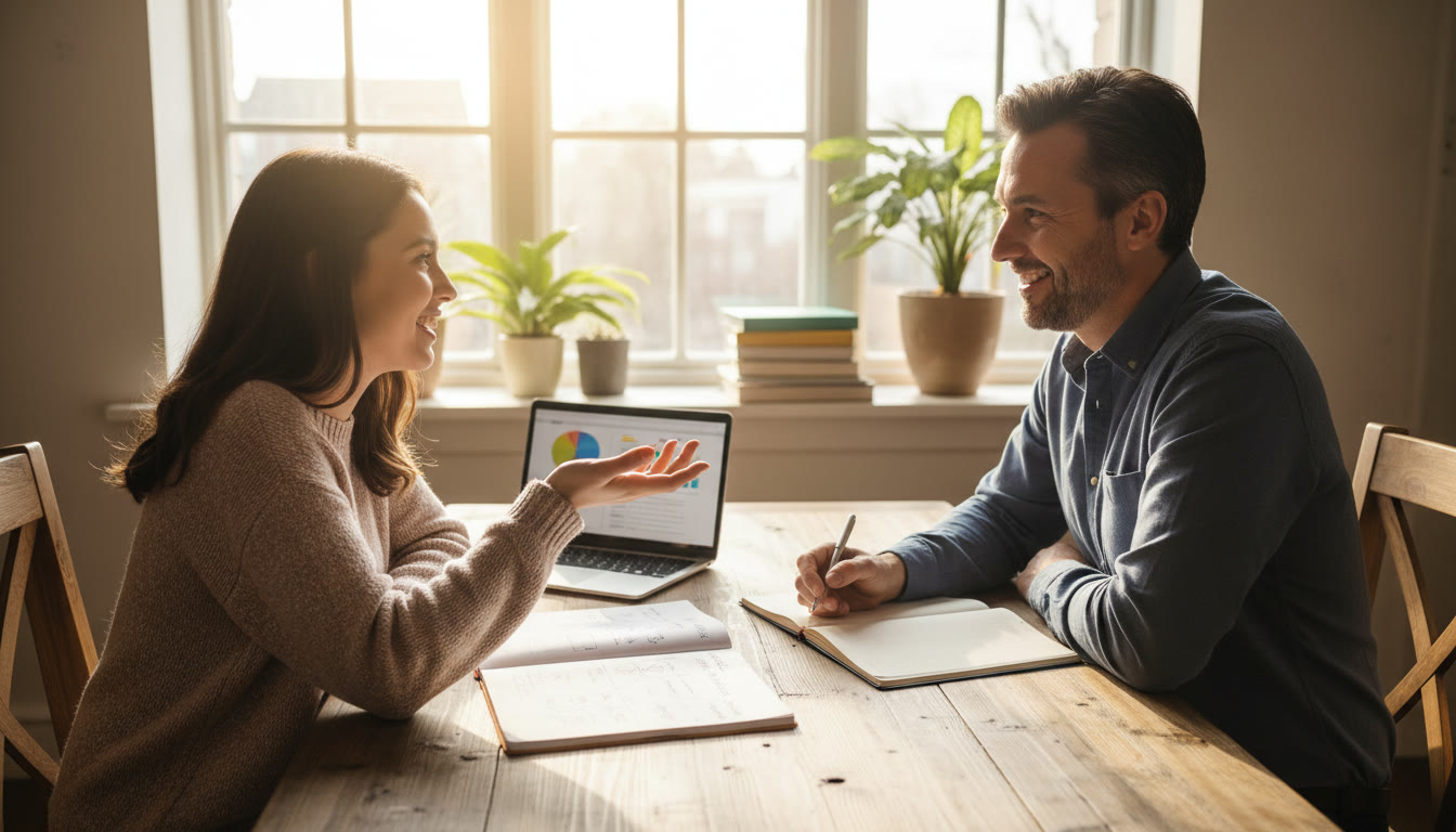Photo Idea : A student and school counsellor chatting across a table, open notebooks and a laptop between them, warm afternoon light
