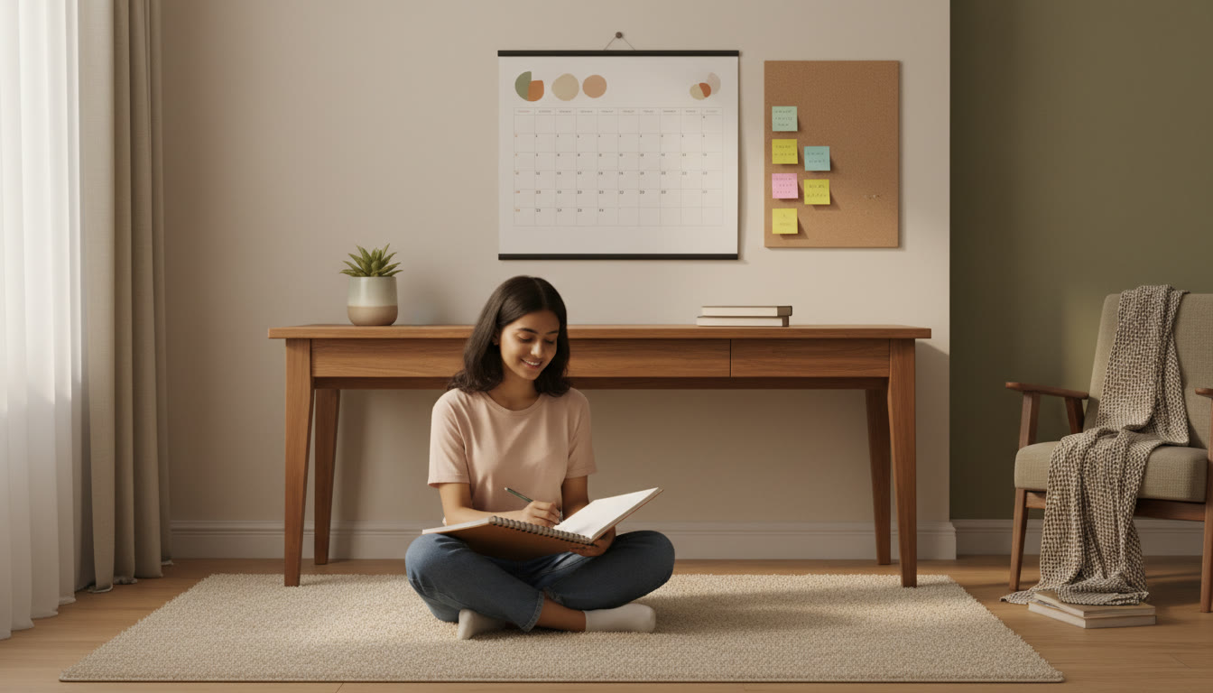 Photo Idea : A calm study corner with a student revising, a neat notebook, and a wall calendar