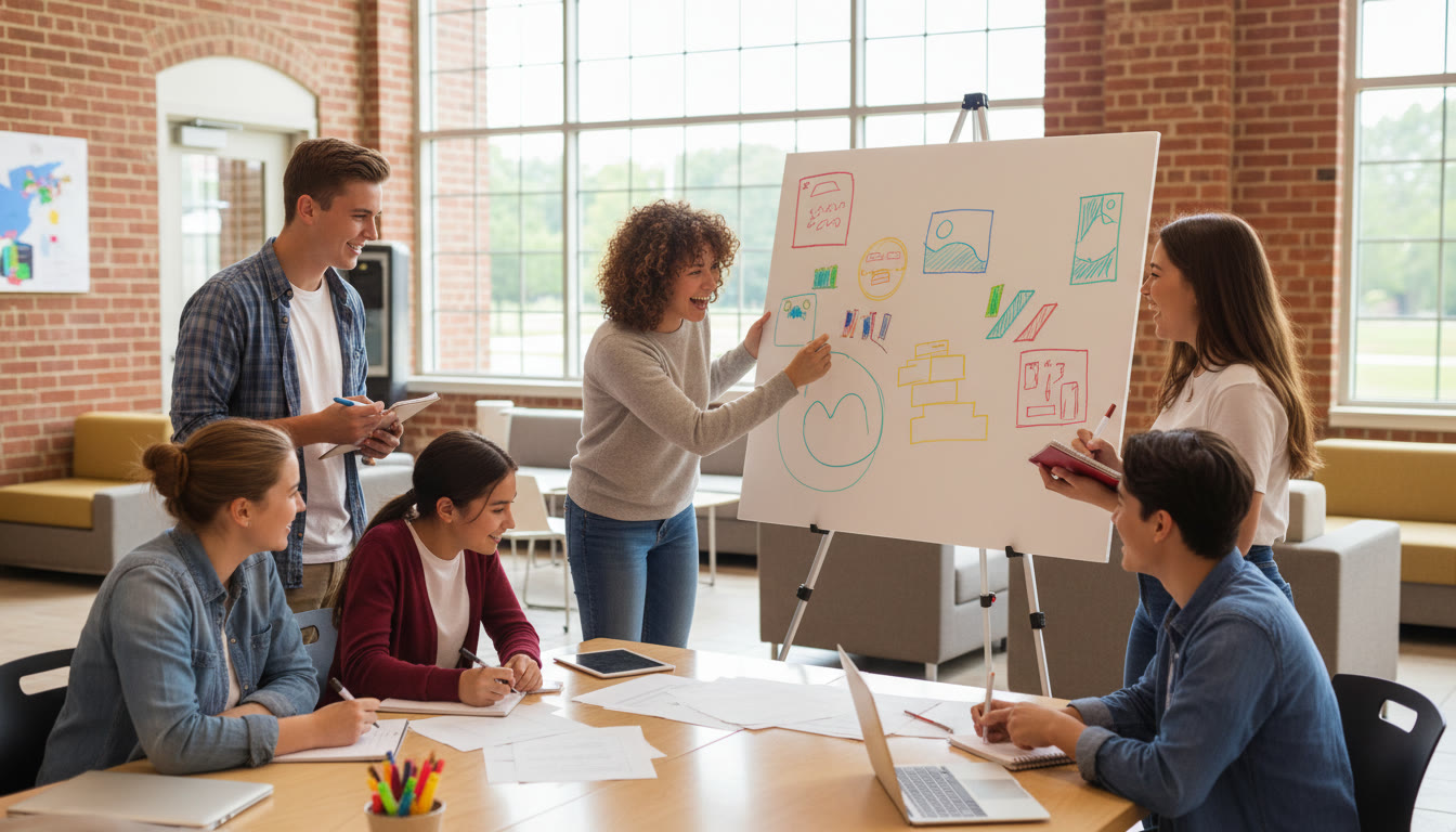 Photo Idea : Students gathered around a posterboard planning a club activity, one student pointing while others write notes
