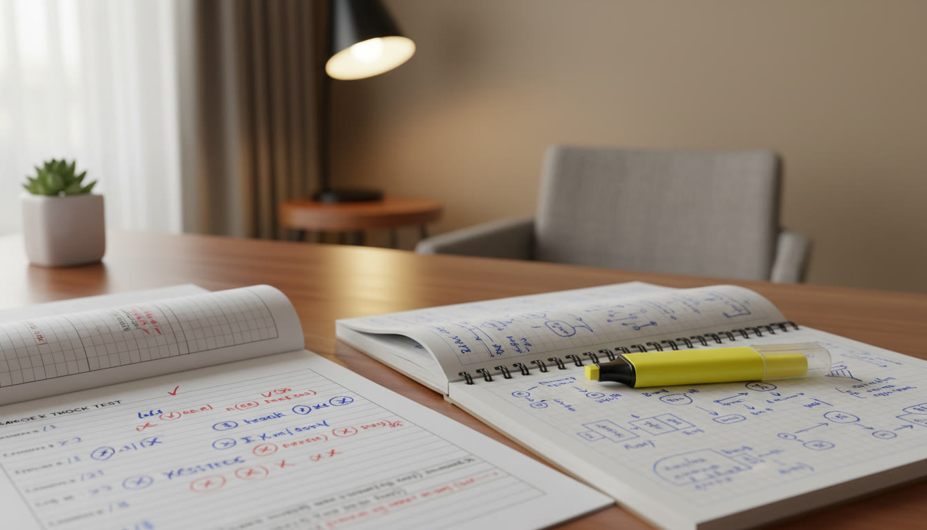 Photo Idea : Close-up of a marked mock test paper with an open error log notebook and a colored highlighter