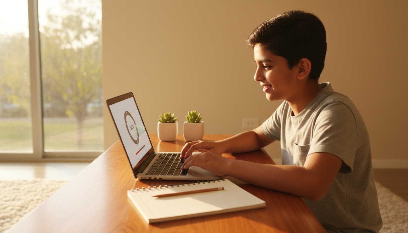 Photo Idea : A focused student taking a timed mock test on a laptop with a notebook and a visible countdown timer