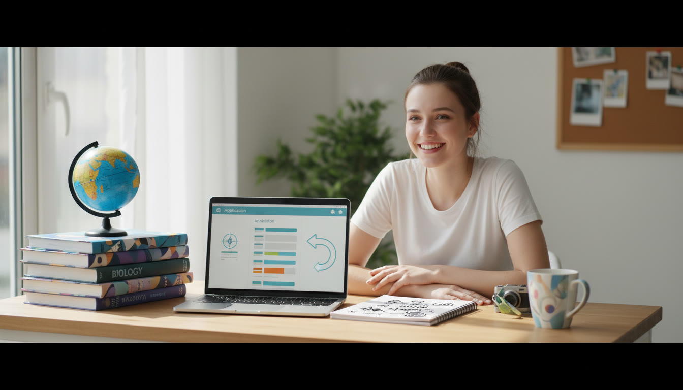 Photo Idea : Student at a tidy desk with IB textbooks, a laptop showing an application portal, and a handwritten gap-year plan
