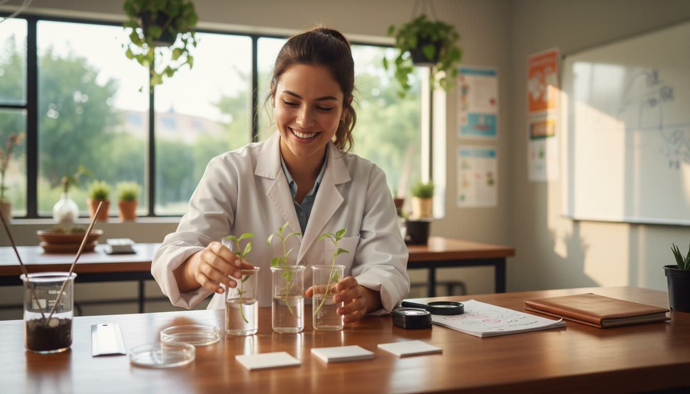 Photo Idea : Student in lab coat setting up a simple plant experiment with measuring tools on the bench