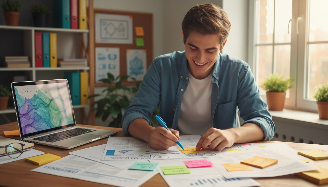 Photo Idea : Student at a desk annotating printed research articles with colorful sticky notes and a laptop open to data charts
