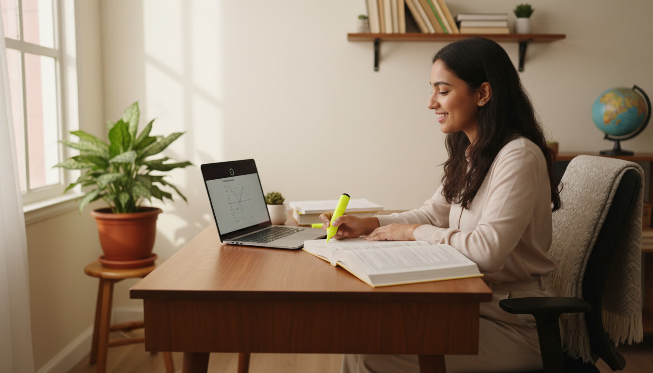 Photo Idea : A focused student at a desk with physics and maths books, highlighter and laptop open to timed practice questions