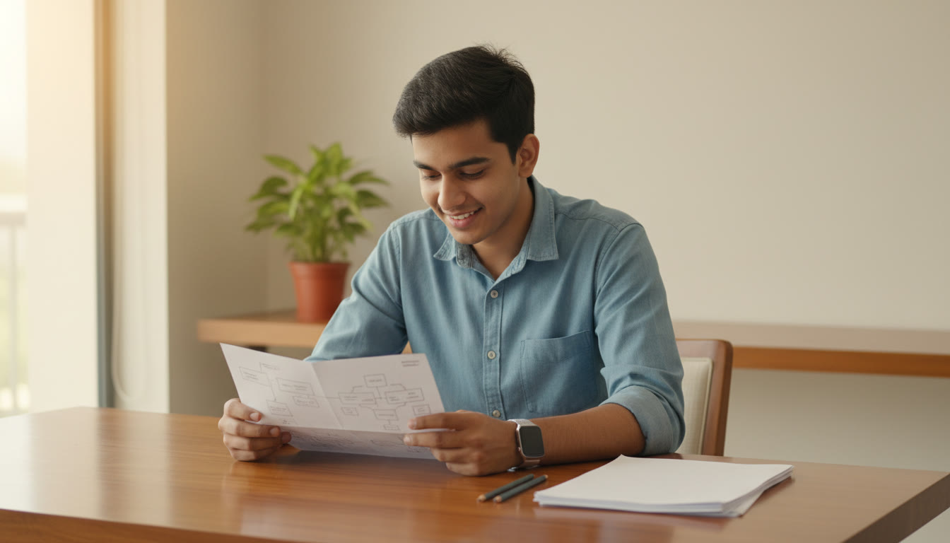 Photo Idea : Calm student in an exam hall posture reviewing a strategy sheet, with a watch and neatly organized rough sheets