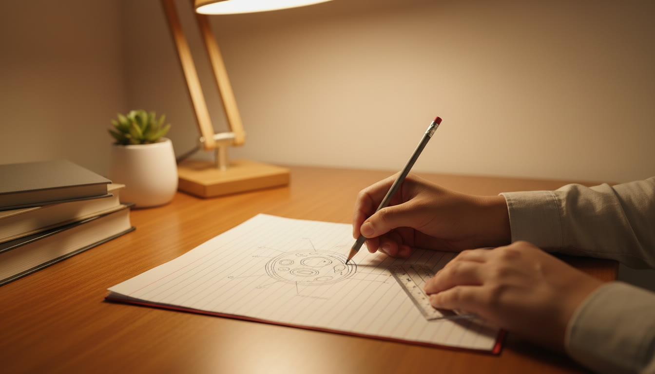 Photo Idea : A close-up of a student sketching a labelled diagram on exam-style paper with a ruler and pencil, with a soft-focus desk lamp