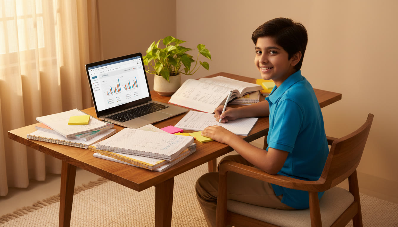 Photo Idea : a student at a study desk surrounded by neatly organized notes, solving a problem with a textbook open and a laptop showing a practice test